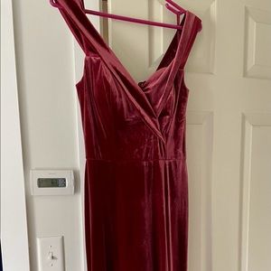 Romantic rose Revelry “Bardot” off the shoulder bridesmaid gown.